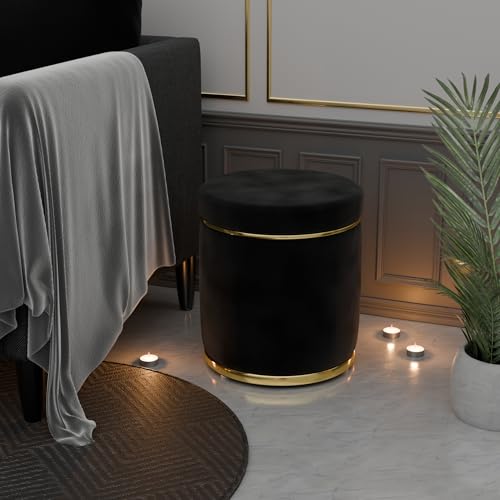 Image of ETIQUETTE ART Upholstered Velvet Round Dual Strip Ottoman Office Stool Foot Rest Stool Linen Fabric Padded Seat Pouf Ottoman with Round Shape for Living Room (Black)