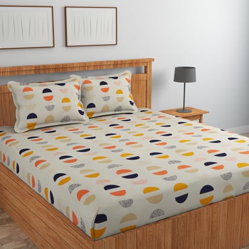 Image of NEW LEAF Cotton Fitted King Bedsheets with 2 Pillow Covers | Elastic Fitted | Wrinklefree | Ultrasoft |Winter Bedsheet 200 to 220 tc Floral | 78x72+8 Inches, Half Cricle Beige Black