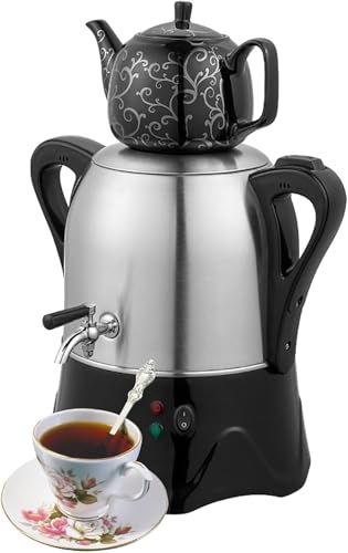 JeeKoudy Turkish Tea Maker, 2000W Electric Samovar Tea Maker, 3L Stainless Steel Teapot, 1L Ceramic Teapot, With Keep Warm Function, for Coffee, Scented Tea, Turkish Tea,Black