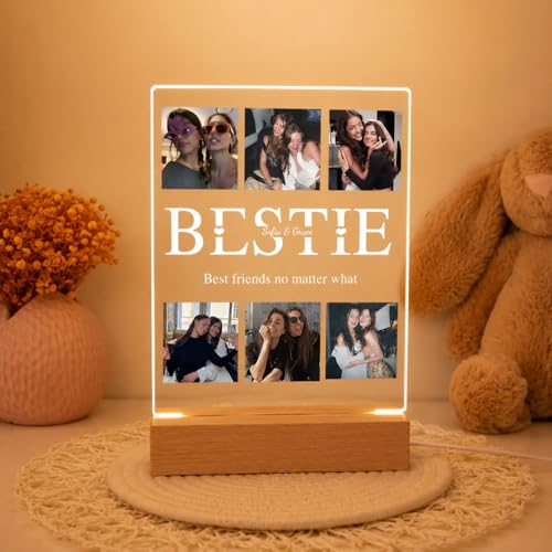 Image of Friendship Day Custom Photo Collage LED Lamp, Personalised Acrylic Night Light for Best Friends, Warm White, Wooden Base, Touch Control, Modern Style (Bestie 3)