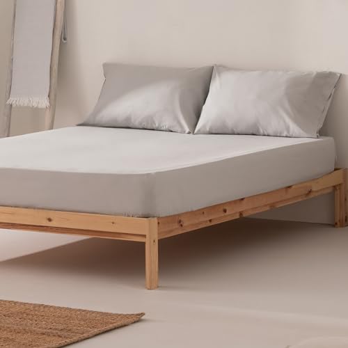 Sabana Bajera Cama 150 x 200 x 30 cm 100% Algodón Transpirable Ajustable Color Gris Claro