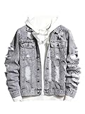 SOLY HUX Men's Ripped Denim Jacket Button Front Collared Long Sleeve Grunge Jean Jackets Streetwear Solid Grey Medium