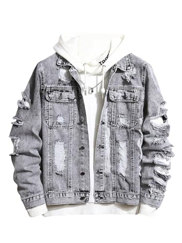 SOLY HUX Men's Ripped Denim Jacket Button Front Collared Long Sleeve Grunge Jean Jackets Streetwear