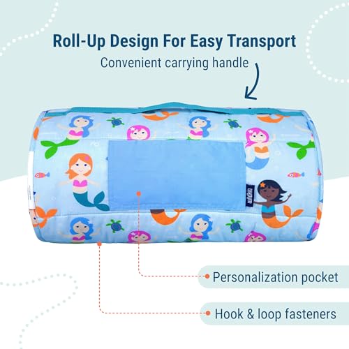 Image of Wildkin Original Nap Mat with Pillow for Toddler Boys and Girls, Ideal for Daycare and Preschool, Measures 50 x 1.5 x 20 Inches, Mom's Choice Award Winner, BPA-Free, Olive Kids (Mermaids) | Removable pillow, 50 x 20 in mat plus 40 x 31 in blanket, machine washable mat, ages 3-7 - preschool ready