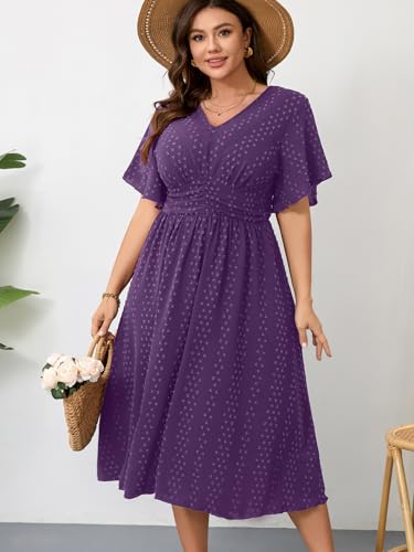 Image of RWJ Women's Plus Size Maxi Dress V Neck Short Sleeve Swiss Dot A Line High Waist Boho Swing Casual Summer Dresses
