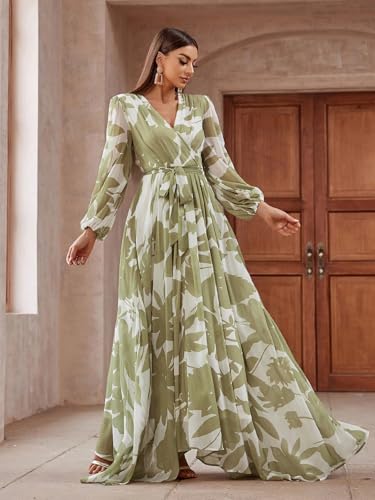 Image of TOLEEN Summer Casual Dresses for Women 2024 Spring Fashion Boho V Neck Long Sleeve Ruffle Floral Print Elegant Maxi Dress