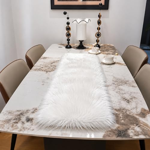 Tischläufer Weiß Kunstfell Weicher Fell Tischläufer für Weihnachten und Winterdeko für Esstisch Hochzeit Party und Wohnzimmer 30x90cm