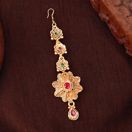 Image of Estele Ornate Floral Matte Finish Gold Plated Maang Tikka for Women