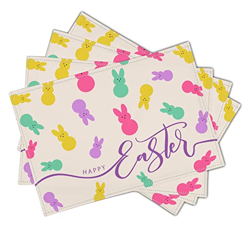 Happy Easter Placemats Set Of 4 Color Bunny Seasonal Spring Decor Linen Washable Kitchen Dining Table Mats Stain Heat-Resistant Desktop Decor Place Mats For Home Party Indoor 12X18 In #TOP1