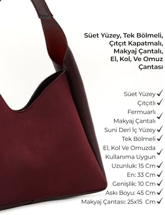 Bordo Süet SHK19 Suni Deri, Çıtçıtlı, Tek Bölmeli, Fermuarlı Makyaj Çantalı, El, Kol ve Omuz Çantası Bordo Süet - Görsel 6