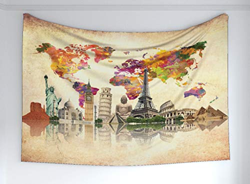 Ambesonne Travel Tapestry, Landmarks Of The World 7 Wonders Europe Asia And America Abstract Map Modern, Fabric Wall Hanging Decor For Bedroom Living Room Dorm, 60" X 40", Sepia Cream #TOP17