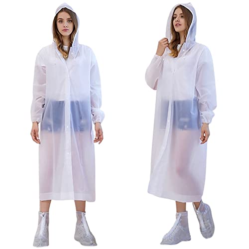 Poncho Pluie Femme Imperméables Adulte avec Capuche Manteau de Pluie Transparent Homme Cape Pluie étanche Réutilisable Long Rain Coat pour Voyage Randonnée Velo Camping Peche (Blanc, Taille unique)