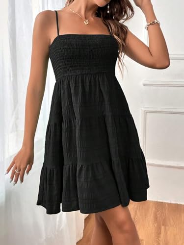 Image of SKAYS Womens Cami Mini Dress Smock Casual A Line Swing Sundress Summer Sleeveless Solid Ruffle Hem Short Dresses