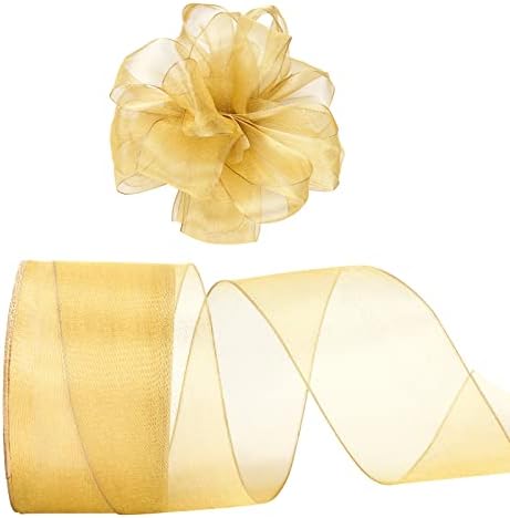 Swedin 2.5"x25 Yards Gold Organza Ribbon with Wired Edges,Gold Sheer Ribbon with Wired Edges for Gift Wrapping, Bow Making and Craft Decoration
