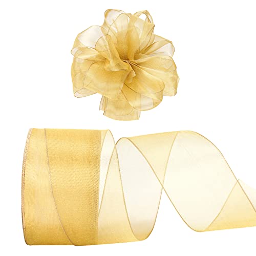 Swedin 2.5"X25 Yards Gold Organza Ribbon With Wired Edges,Gold Sheer Ribbon With Wired Edges For Gift Wrapping, Bow Making And Craft Decoration #TOP23
