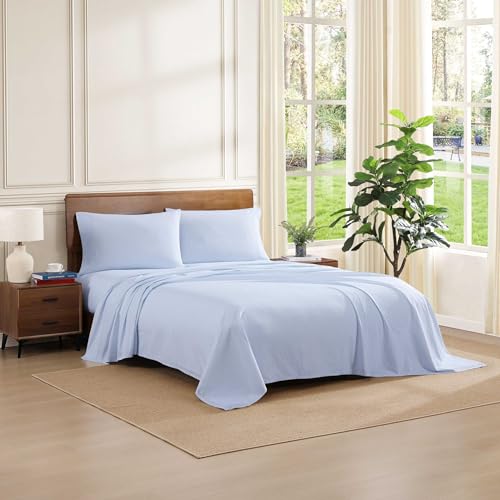 Image of Tommy Hilfiger - Queen Size Sheets Set, Crisp & Tailored Cooling Sheets with a Weaved Cotton Percale Lightweight Feel - Bed Sheets with Matching Pillowcases & Fitted Sheet (Ithaca Stripe Blue)