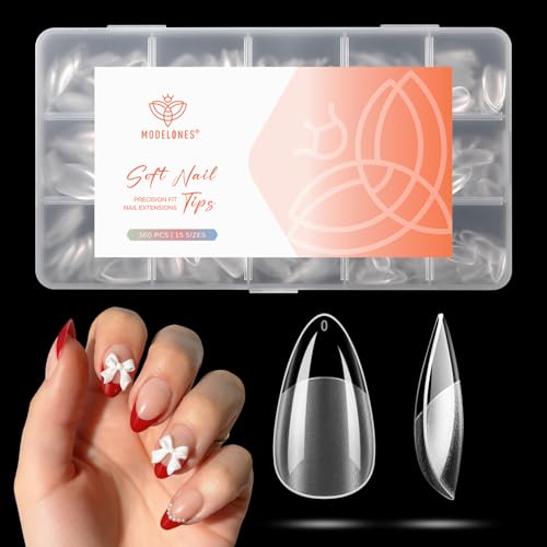 modelones Short Almond Nail Tips 360pcs Pre-etched Clear Soft Press On Fake Nails Full Cover Half Matte Acrylic Gel Tips Extension for Salon & Home Use 15 Sizes