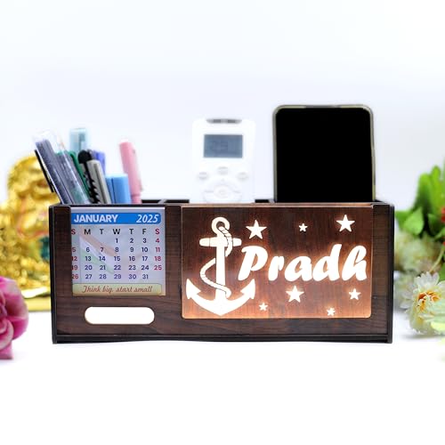 Image of Desk Organizer with LED Name Lamp | Customized Gift for Men, Women, Teachers, Doctors, Dad, Husband | Pen Holder, Table Lamp | Personalized Birthday Gift | Office Organizer - Three Box