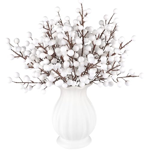 Rowfad 40 Pcs Artificial Berry Stems Branches Christmas White Faux Holly Berries Picks Ornaments for Christmas Tree Wreath DIY Craft Decorations Holiday Home Decor (40 White)