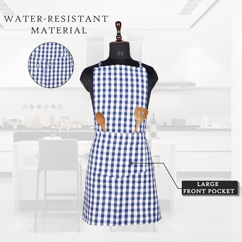 Image of Kuber Industries Kitchen Apron Set of 2 - Restaurant, Chef, Cooking Dress for Women and Men - Front Pocket, Mota Check Pattern, Blue