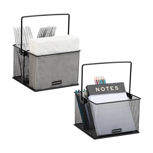 Mind Reader Utensil Holder, Silverware and Napkin Caddy, Outdoor Utensil Organizer, Metal Mesh, 7'L x 7'W x 5'H, Set of 2, Black
