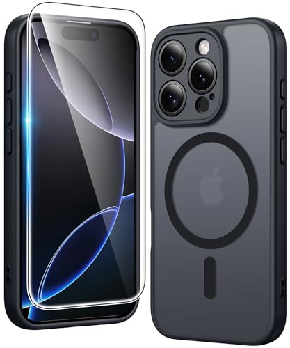 Image of FNTCASE for iPhone 16 Pro Case: Matte Magnetic Phone Cases with Screen Protector Compatible with Magsafe Slim Anti Yellowing Rugged Shockproof Protective Translucent Cell Phone Cover (C-Black)