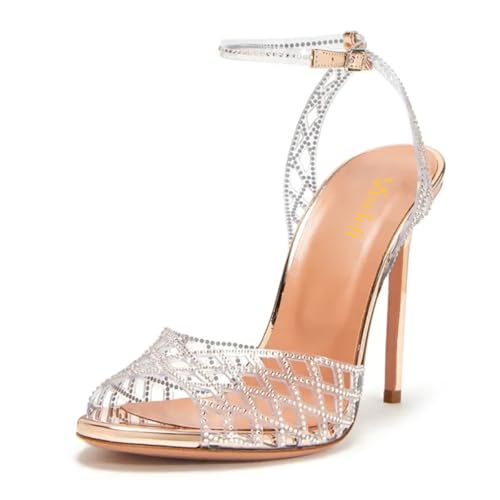 miss left Women Sparkly Rhinestone Open Toe Clear Sandals Stiletto High Heel Ankle Strap Gorgeous Wedding Party Shoes Size 4-16 US
