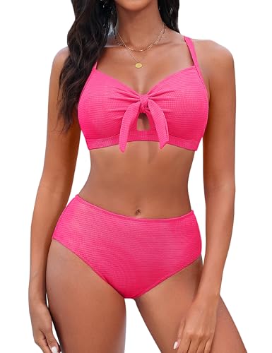 Image of Blooming Jelly Womens High Waisted Bikini Sets Tie Knot Tummy Control Swimsuits Two Piece Bathing Suit Textured Swimwear