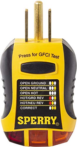 Sperry Instruments GFI6302 GFCI Outlet/Receptacle Tester, Standard 120V AC Outlets, 7 Visual Indication/Wiring Legend, Home & Professional Use, Yellow & Black - New Edition