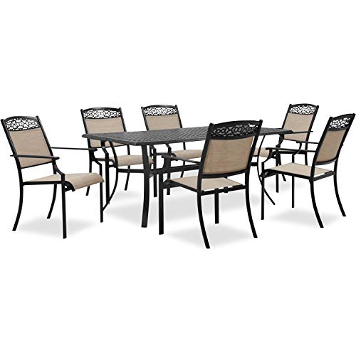 HanoverLisbon 7-Piece Patio Dining Set, Outdoor Dining Set for 6 with All-Weather Cast Aluminum Rectangular Table and Stackable Sling Chairs for Backyard, Patio, Deck, Porch, Pergola, Poolside