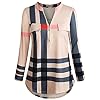 Moyabo-Womens-34-Cuffed-Sleeve-Zipped-V-Neck-Plaid-Tunic-Shirt-Blouses Moyabo Women's 3/4 Cuffed Sleeve Zipped V Neck Plaid Tunic Shirt Blouses