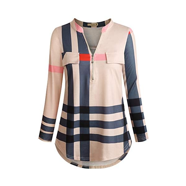 Moyabo-Womens-34-Cuffed-Sleeve-Zipped-V-Neck-Plaid-Tunic-Shirt-Blouses Moyabo Women's 3/4 Cuffed Sleeve Zipped V Neck Plaid Tunic Shirt Blouses
