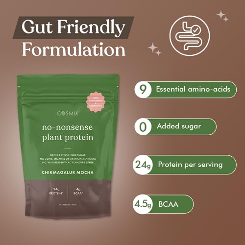 Image of Cosmix No Nonsense Plant Protein | Organic Pea & Rice Isolate | Vegan | 24g Protein /Serving | Easy To Digest | All Essential Amino Acids | No Preservatives| Coffee + Chocolate Chikmagalur Mocha - 500g