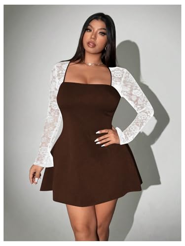 Image of Floerns Women's Plus Size Contrast Lace Sheer Long Sleeve A Line Dress Square Neck Mini Dresses