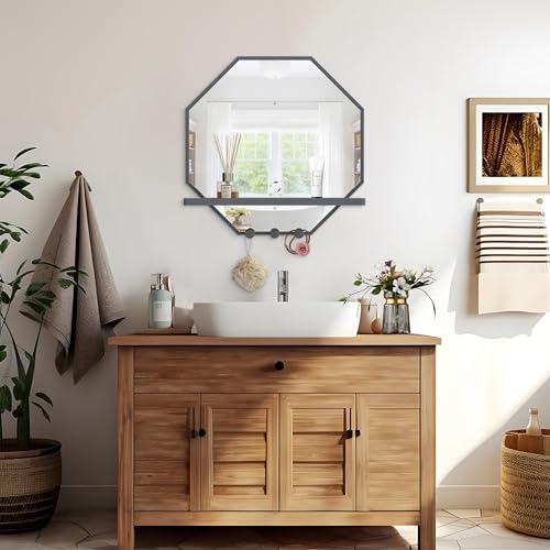 Image of BEAUTME 20x20 inch Octagon Wall Mirrors with Shelf and Hooks, Metal Framed Octagon Mirror for Entryway, Modern Farmhouse Decor Wall Mounted Mirror for Living Room Bedroom Entryway (Grey)
