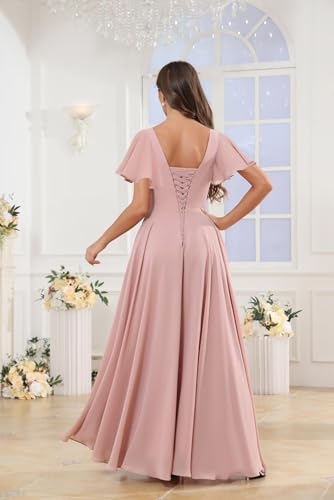 Image of HANVAIOS Long Sage Green Bridesmaid Dresses for Wedding Chiffon V Neck Short Sleeve Evening Gown with Slit Pocket Size 8