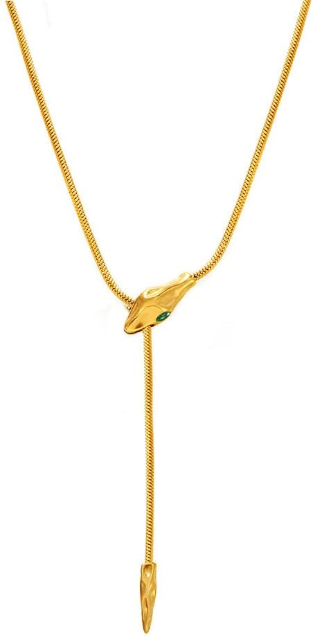ADAJURI 14K Gold Plated Biting Snake Chain Lariat Necklace ｜Italian Flat Foxtail Chain Snake Head Pendant Y-Shape Necklace | Surprisingly Affordable Serpentine Zircon Jewelry for Daily Wear
