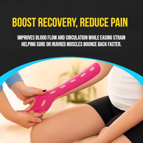 Image of PulseITSportsTape Kinesiology Tape- Waterproof & Sweatproof Sports Tape for Muscle Support, Pain Relief & Injury Recovery | Athletic Physio Tape for Knee, Shoulder, Ankle. 5cm x 5m (with Holes, Pink)