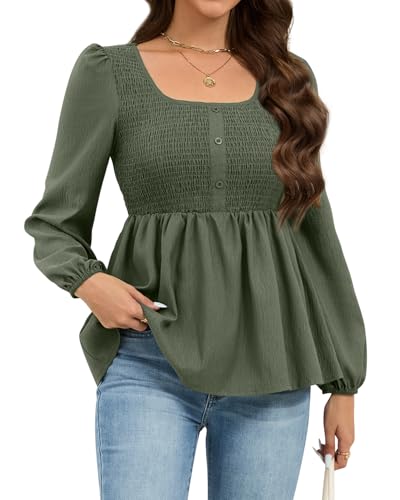HEYTALALA Womens Peplum Tops Square Neck Smocked Puff Long Sleeve Blouses Babydoll Shirts 2025 Fall Dressy Casual Clothes Army Green M
