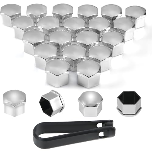 PAITOK Cache-écrous de Roue, Ensemble de 20 Couvre-écrous de Roues universels en Plastique chromé avec Outil de démontage pour Voitures (Argent, 19 mm)
