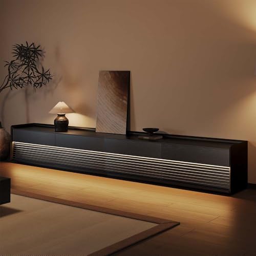 Image of POVISON Fully-Assembled Mid Century Modern TV Stand, 118.11 inch Wood Media Console with Adjustable LED Light, Entertainment Center with Storage for Living Room