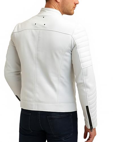 LP-FACON Mens White Leather Jacket - Motorcycle Biker Style Casual Fashion Jacket Outerwear2