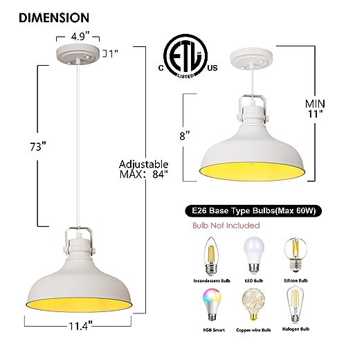 Image of White Modern Pendant Lights Kitchen Island Fixtures | ETL Certificate,Industrial Adjustable Height Vintage Dome Hanging Light Fixtures for Barn,Dining Room 2 Pack