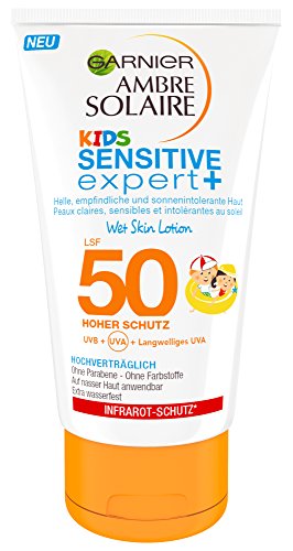 Garnier Kids Sensitive expert+ Ambre Solaire Lait Solaire pour Enfants Wet Skin SPF 50, Pénètre Rapide, Extra Waterproof, 1 Pack (1 x 150 ml)