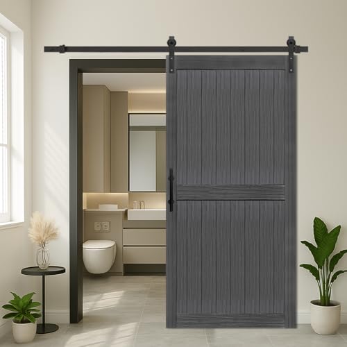 S&Z TOPHAND® 40in x 84in MDF Deep Gray Barn Door with 6.6FT Sliding Door Hardware Kit, 24-60in Solid Barn Door Slab Covered with Water-Proof PVC Surface, Simple Assembly is Required