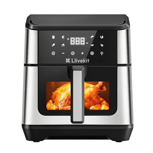 LLIVEKIT 8.5L Air Fryer XXL with Dual Heating Elements, Airfryer 360° Hot Air Circulation, 95% Oil Less, Viewing Window with Interior Light, 1900W Smart Touchscreen, 8 Preset Programs, Black
