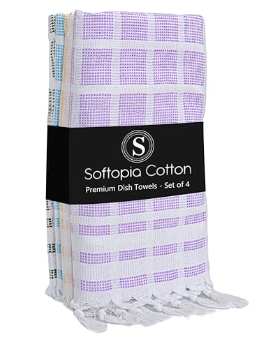 Image of 4 Pack Combo Colors Matrix Kitchen Towels, 100% Cotton, 16 inchx26 inch, Absorbent Tea Towel with Handmade Tassels, Reusable Cleaning Cloths - Lavender, Sandal Yellow, Aqua Blue, Forest Green