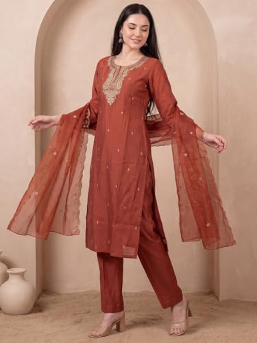 Image of INDO ERA Women's Silk Blend Paisley Embroidered Zari Work Kurta & Pant with Dupatta Set (IEBBAI389)