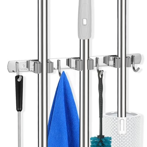 Image of voze 3 Racks and 4 Hooks Mop and Broom Holder Wall Mount, Self Adhesive Heavy Duty Broom Organizer Storage Tool Racks for Kitchen Garden Laundry Garage