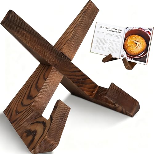 Wooden Cookbook Stand Holder for Kitchen - Rustic Adjustable Foldable
